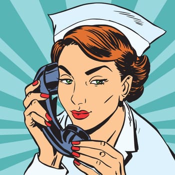 avatar portrait of a nurse with the phone. Pop art retro vector illustration