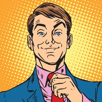 avatar portrait of a man straightens his tie. Pop art retro vector illustration