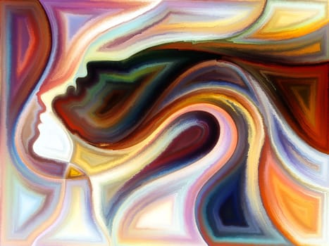Inner Dialog series. Abstract design made of human profiles and vivid paint shapes on the subject of emotions, relationships, human drama, spirituality and design