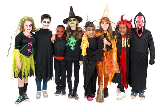 Kids with face-paint and Halloween costumes isolated in white