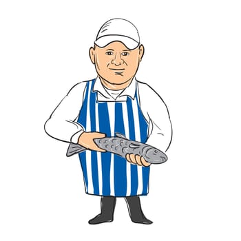 Illustration of a Fishmonger Selling holding presenting Fish done in hand sketch drawing Cartoon style.