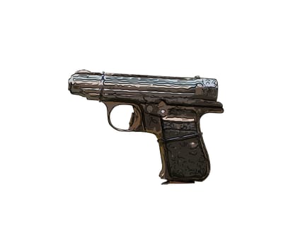 close up on old vintage illustration of pistol on white background