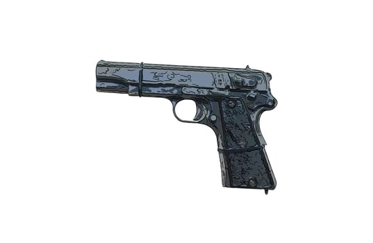 close up on old vintage illustration of pistol on white background