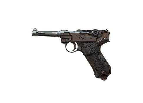 close up on old vintage illustration of pistol on white background