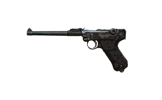 close up on old vintage illustration of pistol on white background