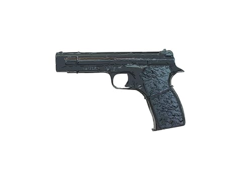 close up on old vintage illustration of pistol on white background