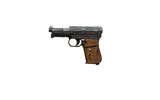 close up on old vintage illustration of pistol on white background