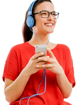 Happy woman listen music on her phone, isolated over white background