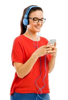 Happy woman listen music on her phone, isolated over white background