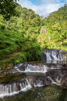 Vertical view of the waterfall at the thermal hot springs in Santa Rosa de Cabal, Colombia