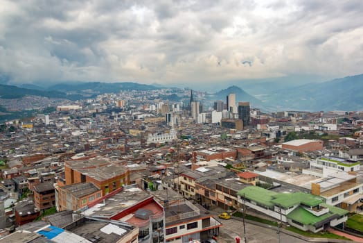 Cityscape view of downtown Manizales, Colombia on an overcast day