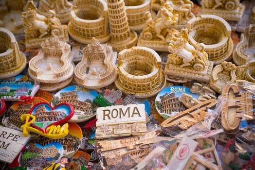 ROMA, ITALY - OCTOBER 16, 2016: Collection of rome fridge magnets on a large table