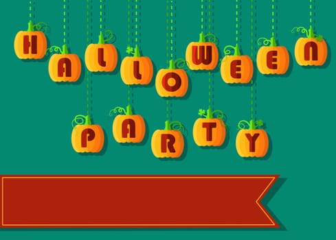 Invitation to Halloween Party. Funny pumpkin font. Orange geometric pumpkins with red signs. Jack of the Lantern. red banner for custom text. illustration