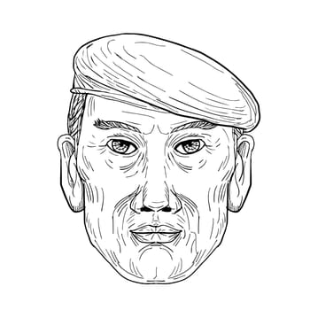 Illustration of a gentleman or Soldier Wearing Beret Front view done in hand sketch Drawing style.