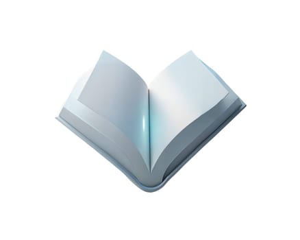 A 3D holographic icon of an open book, isolated on white background, symbolizing knowledge, education, reading, and creativity with a futuristic touch.