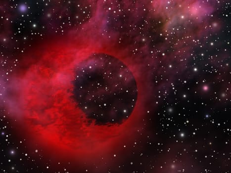 Image, illustration of the mystic universe with weird mysterious red planet.