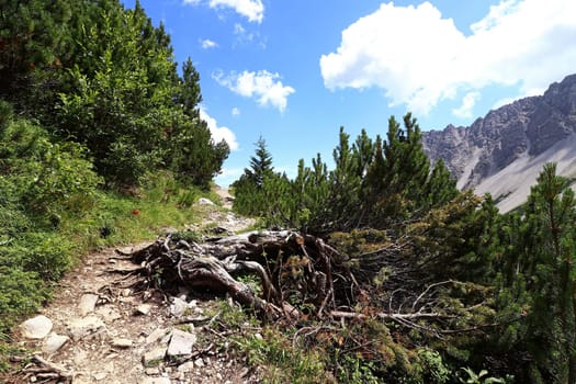 Mountaineering on the Hahntennjoch in Austria. Mountain trail in the mountains
