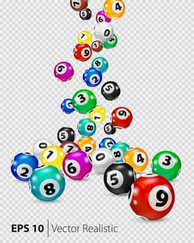 Vector Colorful Bingo balls fall randomly. Lottery Number Balls Isolated. Colored balls isolated. Bingo ball. Bingo balls with numbers. Realistic vector. Vector isolated illustration.