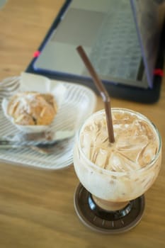 Blueberry muffin and iced coffee mocha, stock photo