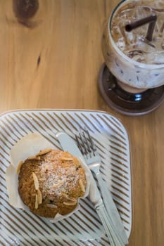 Blueberry muffin and iced coffee mocha, stock photo