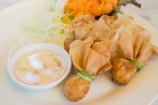 Deep fried dumpling bags local Thai cuisine, stock photo