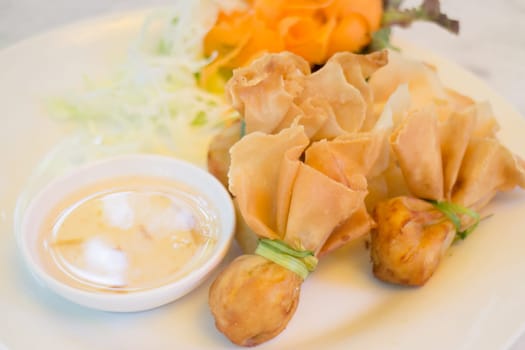 Deep fried dumpling bags local Thai cuisine, stock photo