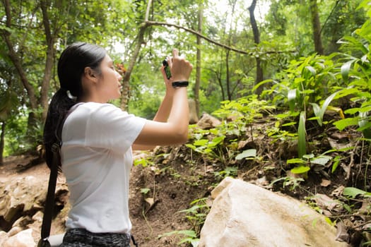 Young asian woman hiker stops to tie her shoe on a summer hiking trail in forest.