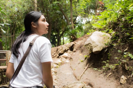 Young asian woman hiker stops to tie her shoe on a summer hiking trail in forest.
