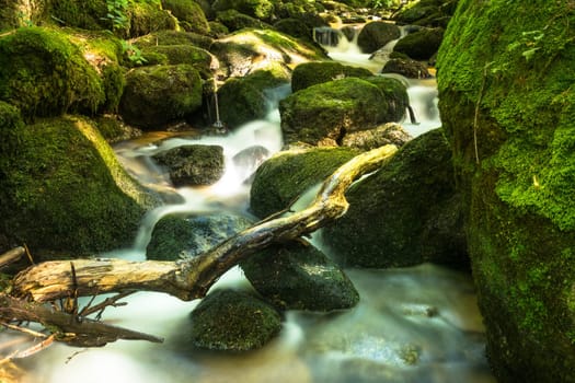 Forest with mountain stream,picturesque landscape with waterfall and moss-covered stones