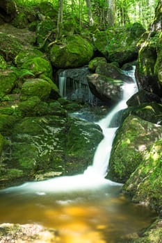 Forest with mountain stream,picturesque landscape with waterfall and moss-covered stones