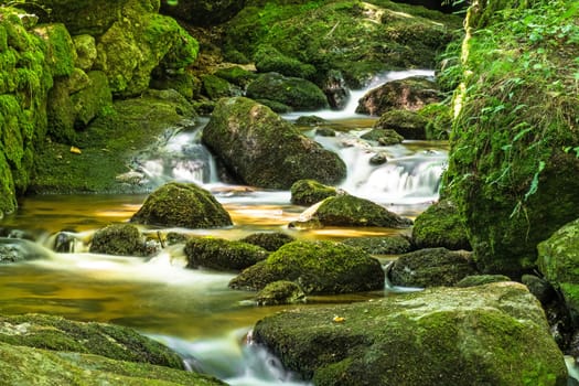 Forest with mountain stream,picturesque landscape with waterfall and moss-covered stones
