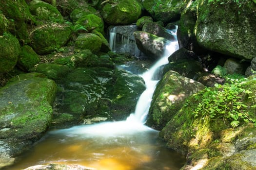 Forest with mountain stream,picturesque landscape with waterfall and moss-covered stones