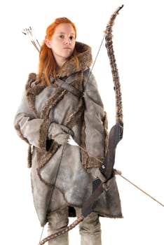 girl archer in a costume with bow isolated in white