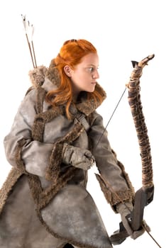 girl archer in a costume with bow isolated in white