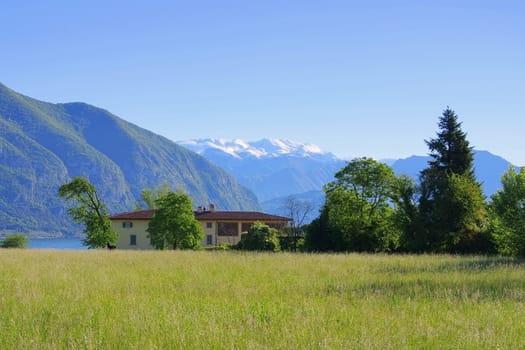 Lake Iseo with house - Iseo lake and small house,Lombardy in Italy