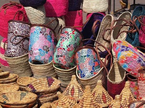 hand made bags and baskets on the open market in marrakech ,Marocco