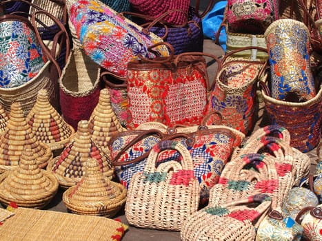 hand made bags and baskets on the open market in marrakech ,Marocco