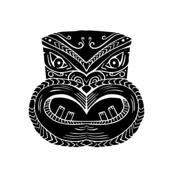 Illustration of a New Zealand Maori Koruru Tiki mask done in Woodcut style.