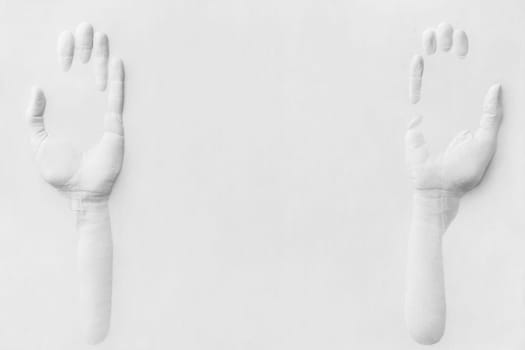 Hands made on a gypsum board, which are in a supportive position, to offer, to show. Good for product photography.