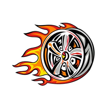 Illustration of a Flaming Wheel Rim on fire viewed from side on isolated background done in retro style.