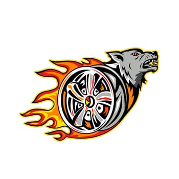Illustration of an angry Wolf head on Flaming Wheel Rim viewed from side on isolated background done in retro style.