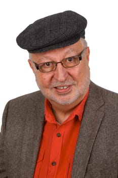 Portrait of a senior citizen with glasses and sliding cap exposed on a white background