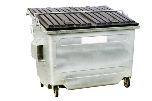 Large metal dumpster exposed on a white background