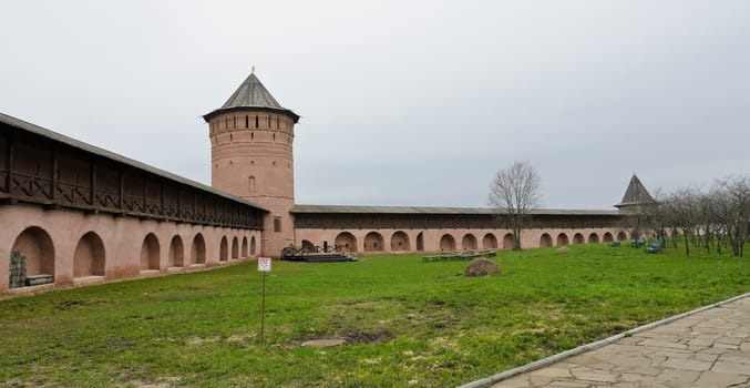 Tower and wall of Monastery of Saint Euthymius in Suzdal, Russia.