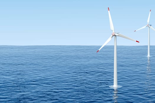 Wind turbines generating electricity in the sea
