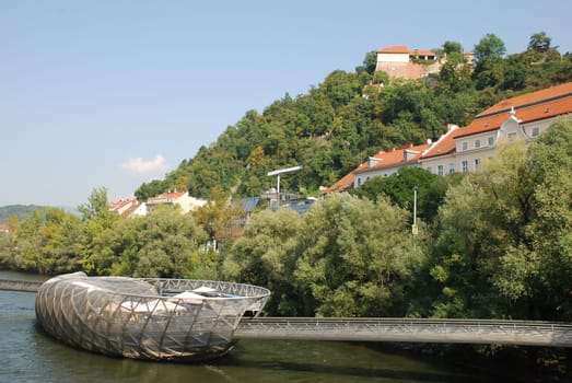 Mur Schlossberg River Murinsel Graz Styria Austria Austria Schlossbergbahn Fortress Bridge European Capital of Culture 2003 Old Town