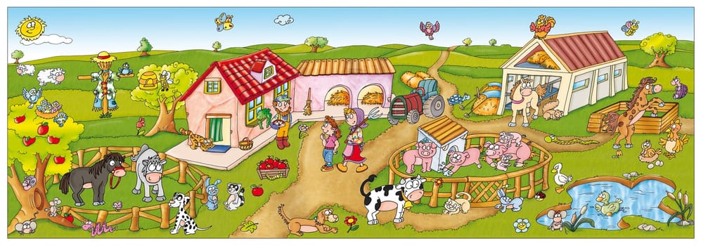 Farm animals with peasants and agricultural objects