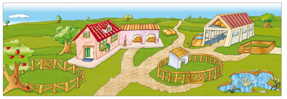 Farm animals with peasants and agricultural objects