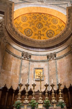 ROME, ITALY - OCTOBER 18, 2016: Interior of the famous Pantheon church. The present building was completed by the emperor Hadrian and probably dedicated about 126 AD.