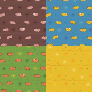 Set of seamless patterns with funny pigs. Indian decor. Brown pattern with pink pigs. Blue pattern with yellow pigs. Green pattern with red pigs.